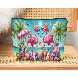 Flamingos on the Beach Canvas Makeup Bag Cosmetic Tote Lightweight Travel Gift